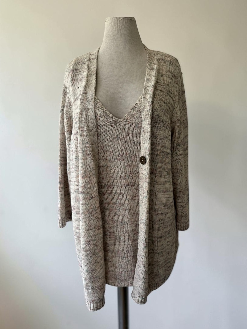 J.Jill Marled Beige Multi Twinset Cardigan Tank Sweater 2pc Set Cotton XL Sz L